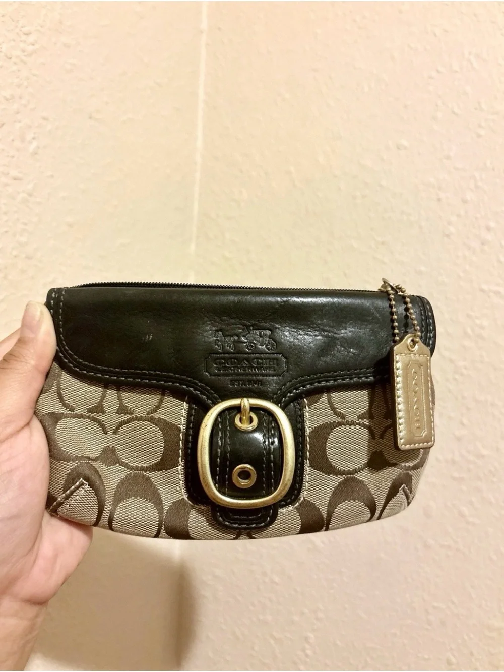 Coach Brown Signature Canvas & Black Leather Wristlet with Gold Buckle